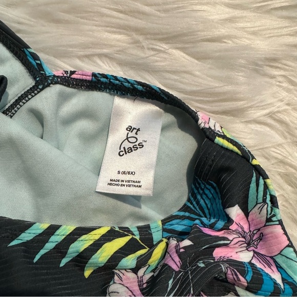 Art Class Girls Floral Ribbed Swimsuit 6/6X Black Pink Tropical UPF 50+ NWT - Picture 5 of 6